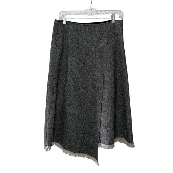 British Khaki Tweed Gray Wool Blend Asymmetrical Fringe Hem Skirt Size 10 - Picture 2 of 8